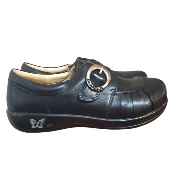 Alegria Black Leather Loafer Silver Buckle and Rounded Toe Flats Size 11 - Picture 6 of 14